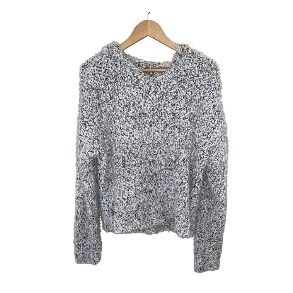 RAG POETS Fuzzy Knit Hooded‎ Sweater Pullover Gray Black White Size L